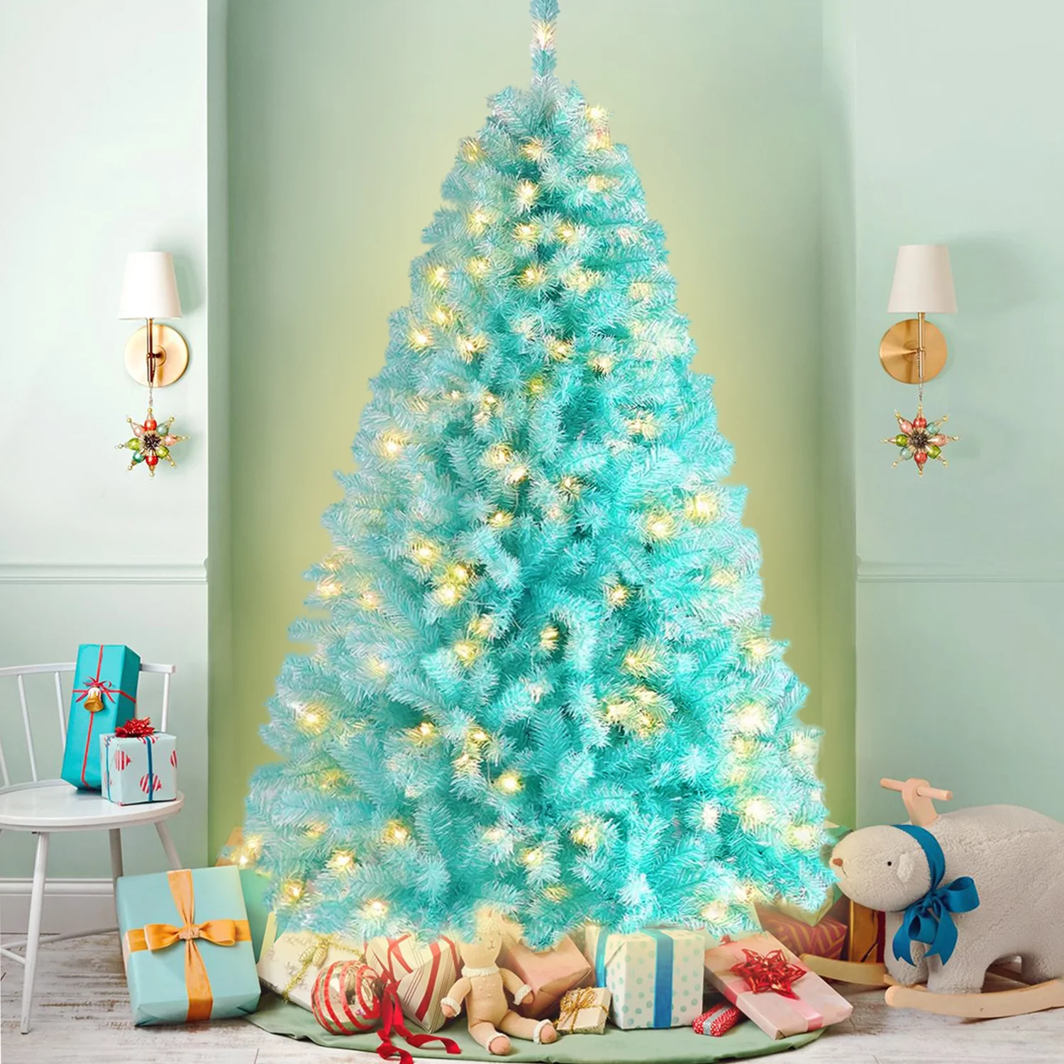 white christmas tree with blue decorations