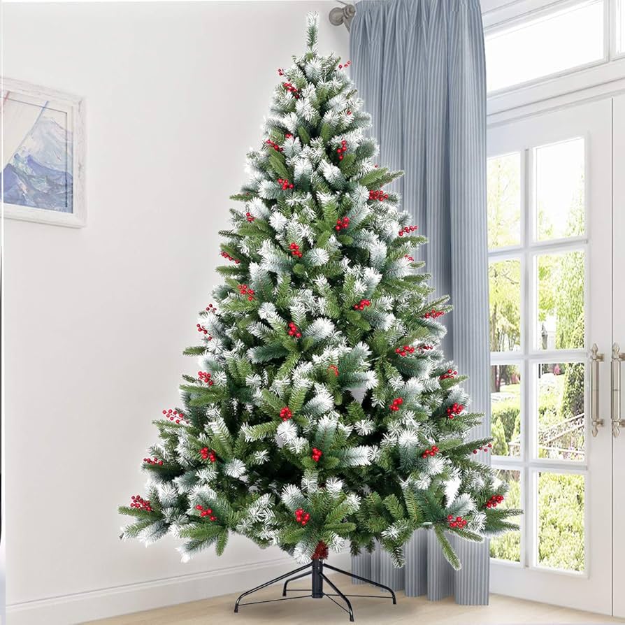 green christmas trees with white decorations